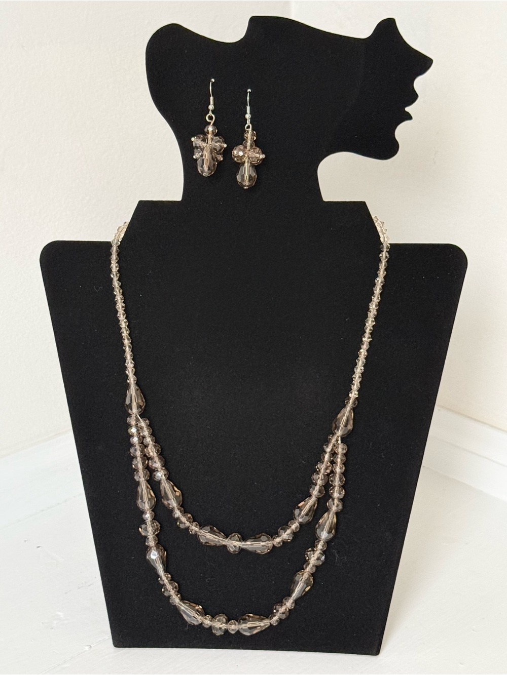 Smoky Bead Layered Necklace & Earrings Set - Unbranded